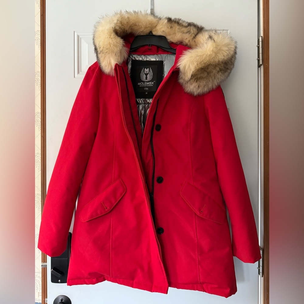 Molemsx Red Padded Fur Hooded Down Parka Warm Puffer Coat Jacket, Size Medium